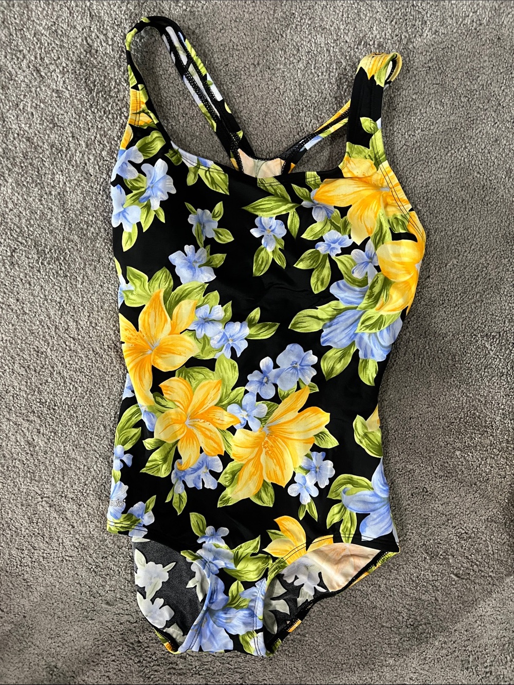 Speedo Black One-Piece Swimsuit with Yellow & Light Blue Floral Print